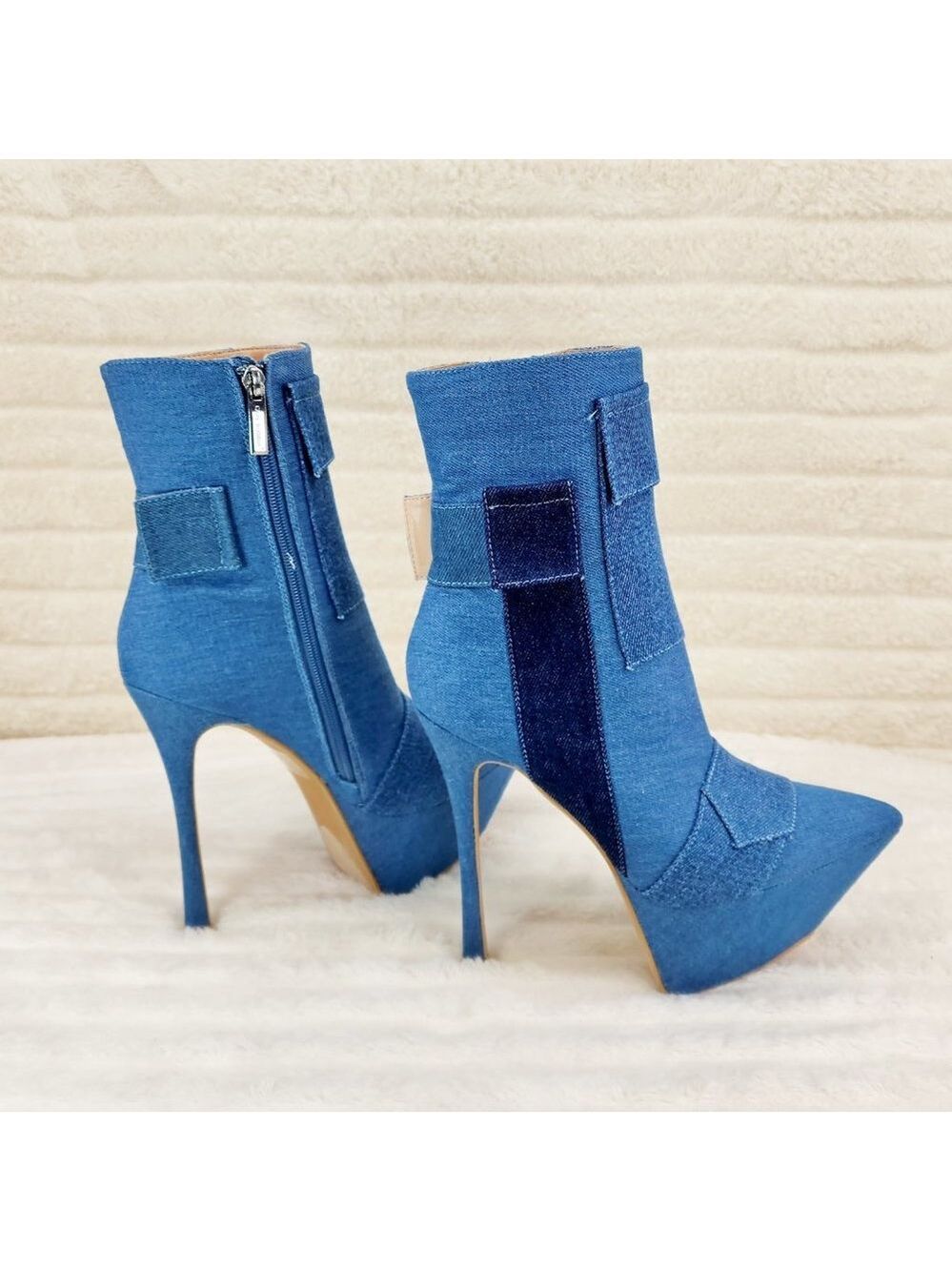 Kinder Pointy Toe Platform Stiletto Heel Ankle Boots Denim Patchwork
